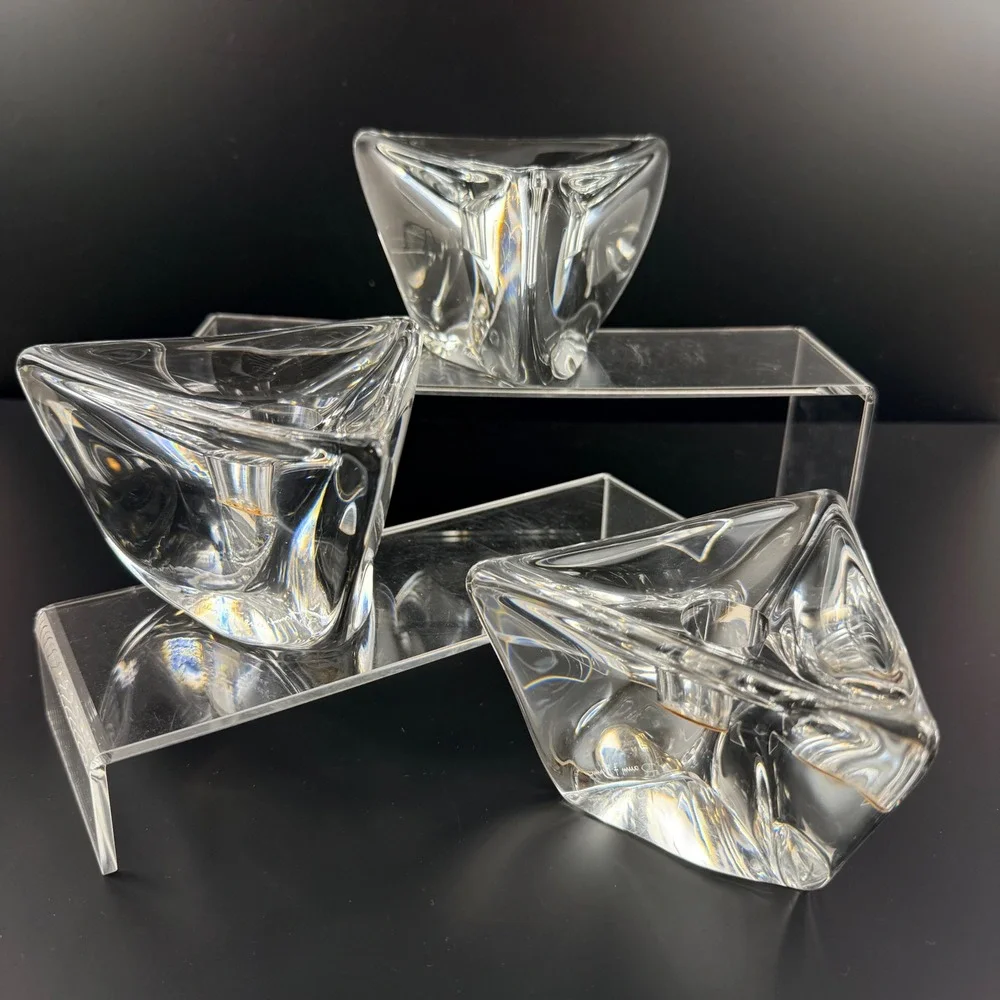 Set of 3 VTG Daum France Crystal Triangle‎ Candle Holders Signed MCM Heavy Glass